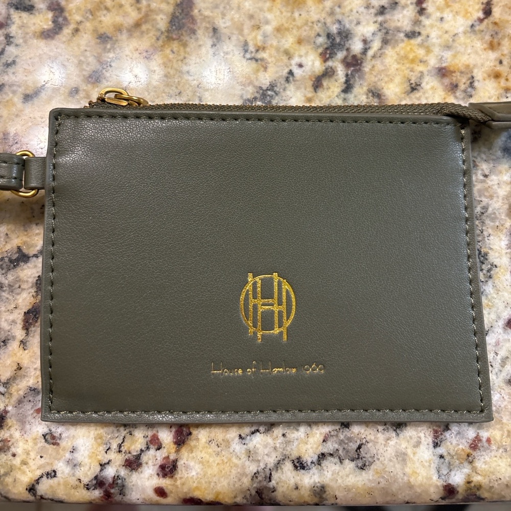 House of Harlow 1960 Olive Green Leather Card Pouch with Gold Logo